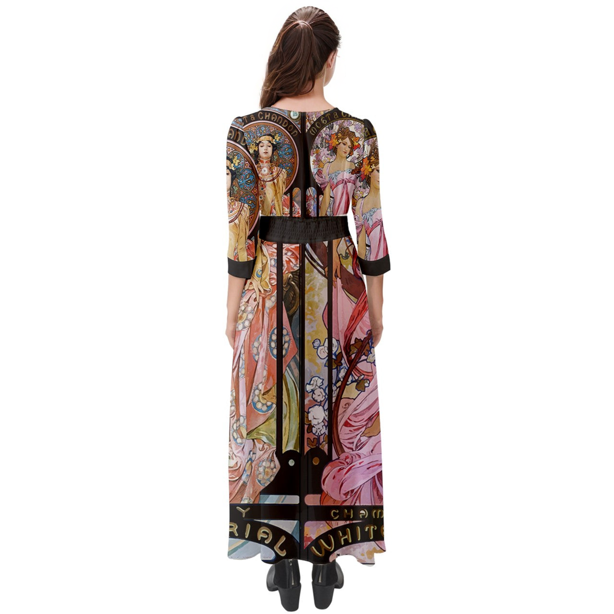 Button Up Boho Maxi Dress (with plus sizes), Printed with Art Nouveau Alphonse Mucha Artwork