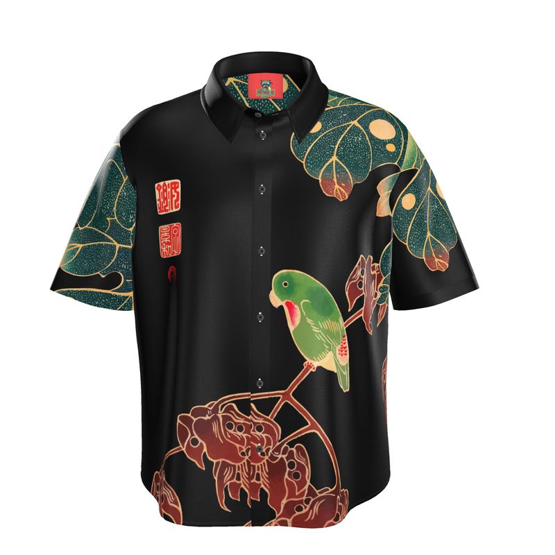 Organic Shirt with Japanese Ukiyo-e Print, Short Sleeve Silk, Linen or Cotton Satin