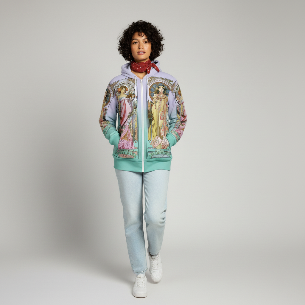 Ombre Zip Hoodie feat Art Nouveau Alphonse Mucha