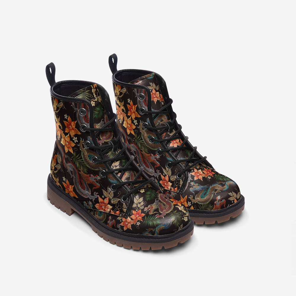Orange Blossom Dragon Boots, Vegan Leather