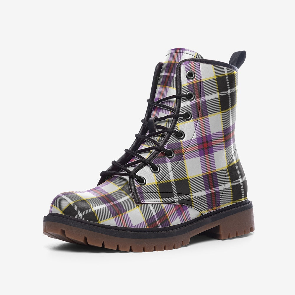 Vegan Leather Combat Boots Purple and White Plaid