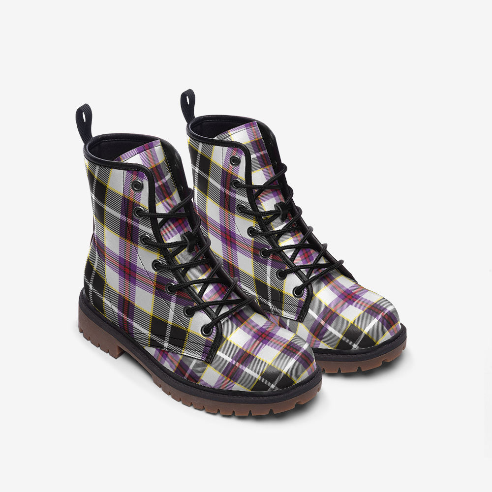 Vegan Leather Combat Boots Purple and White Plaid