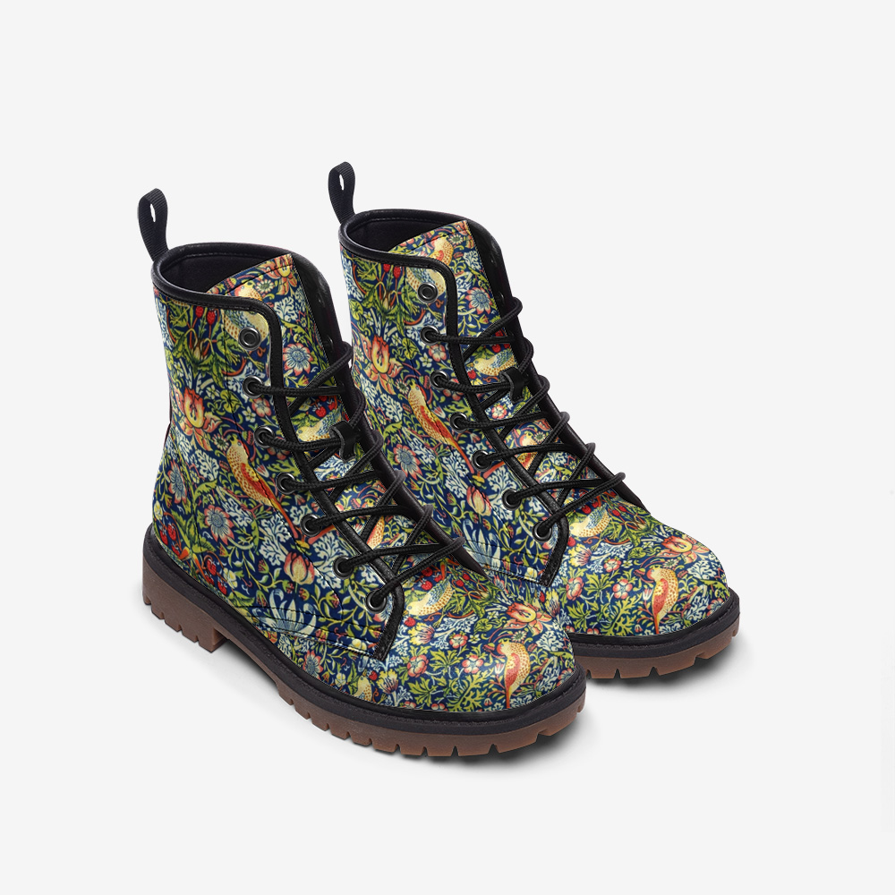 Art Nouveau Vegan Leather Combat Boots, William Morris The Strawberry Thieves