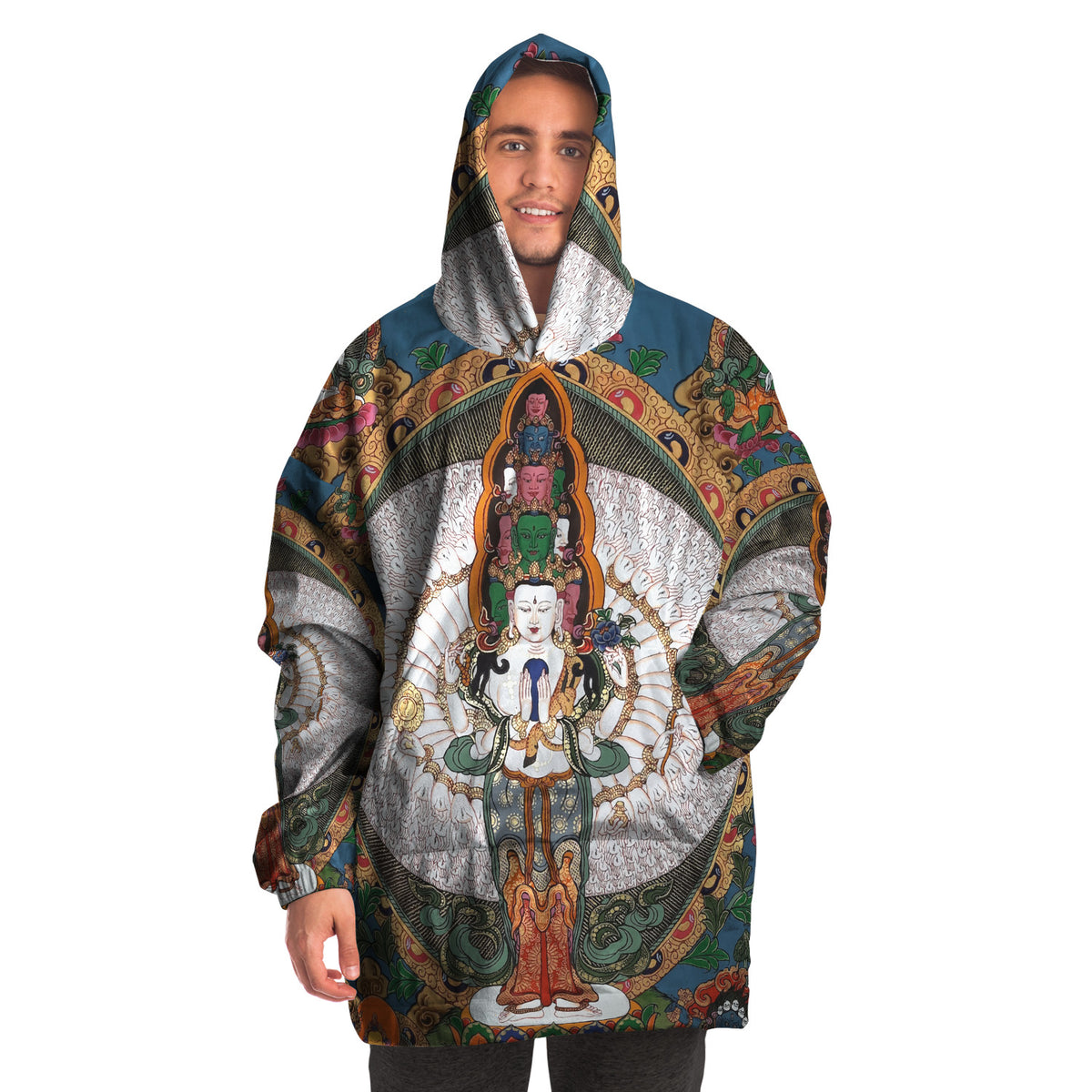 Blue Buddha Thanka Tibetan Snug Hoodie with pockets, Festival, Loungecore
