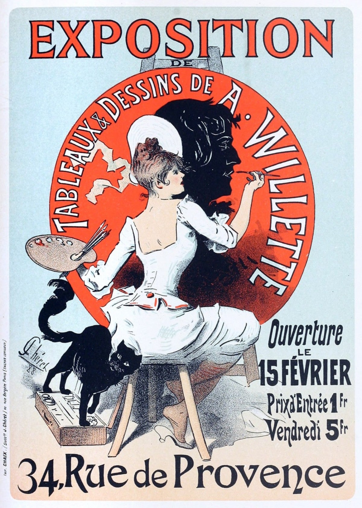 Affiche vintage originale pour une exposition de peintures et dessins d&#39;Adolphe Willette