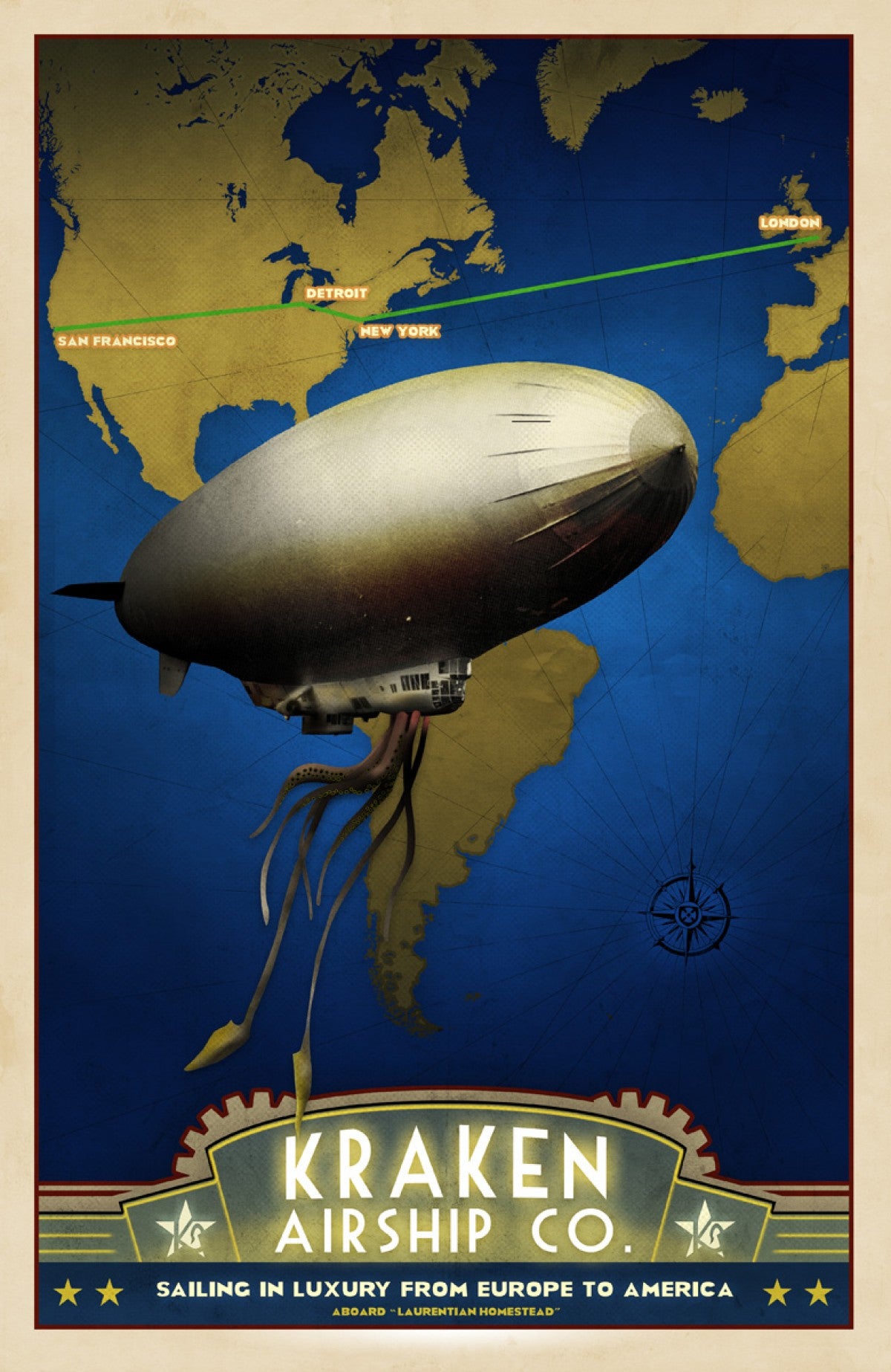 Steampunk Dieselpunk Airship Art Deco Travel Poster