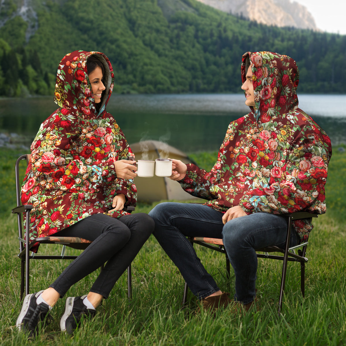 Microfleece Hoodie in Floral Art Nouveau, Harajuku Loungewear