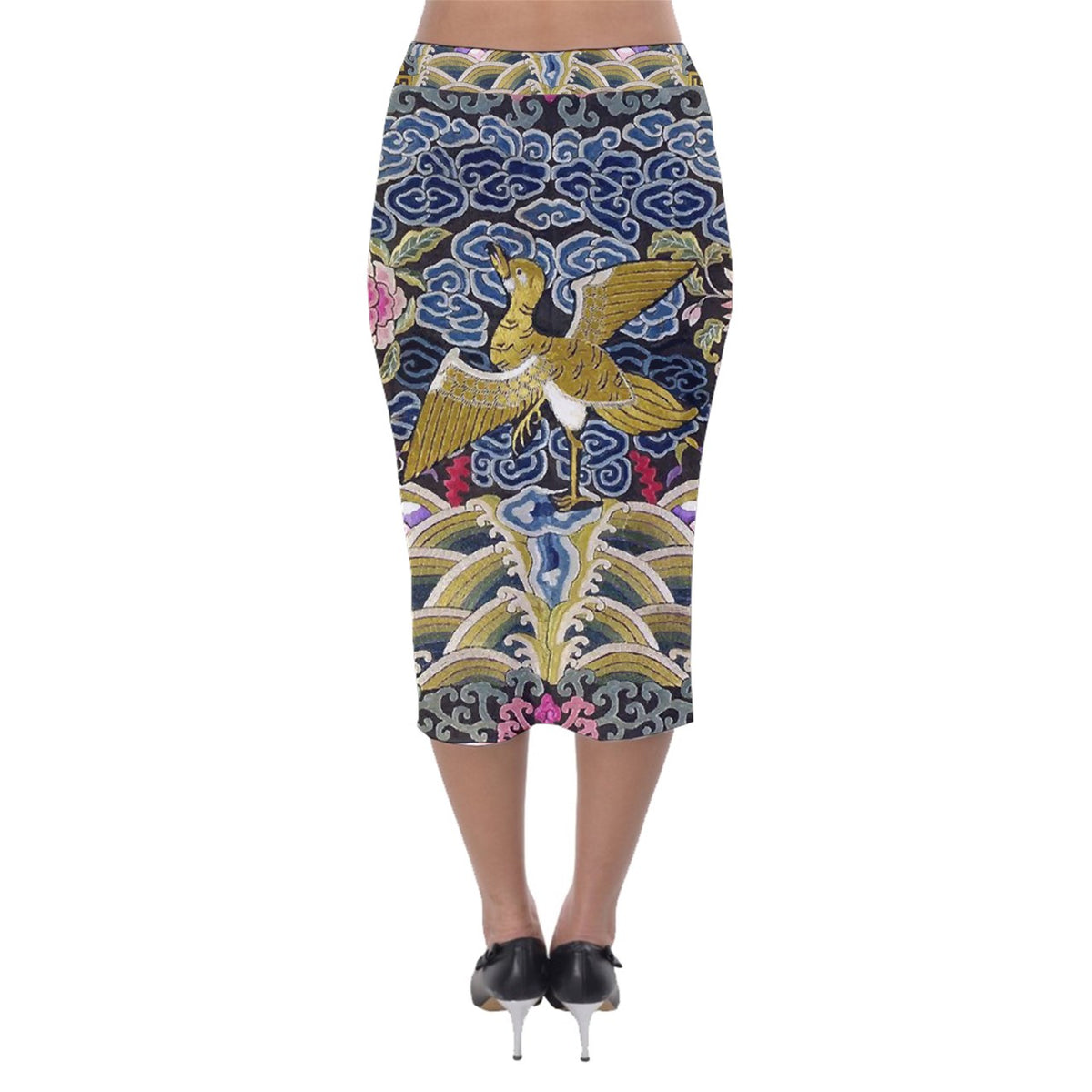 Jupe crayon mi-longue en velours textile chinois