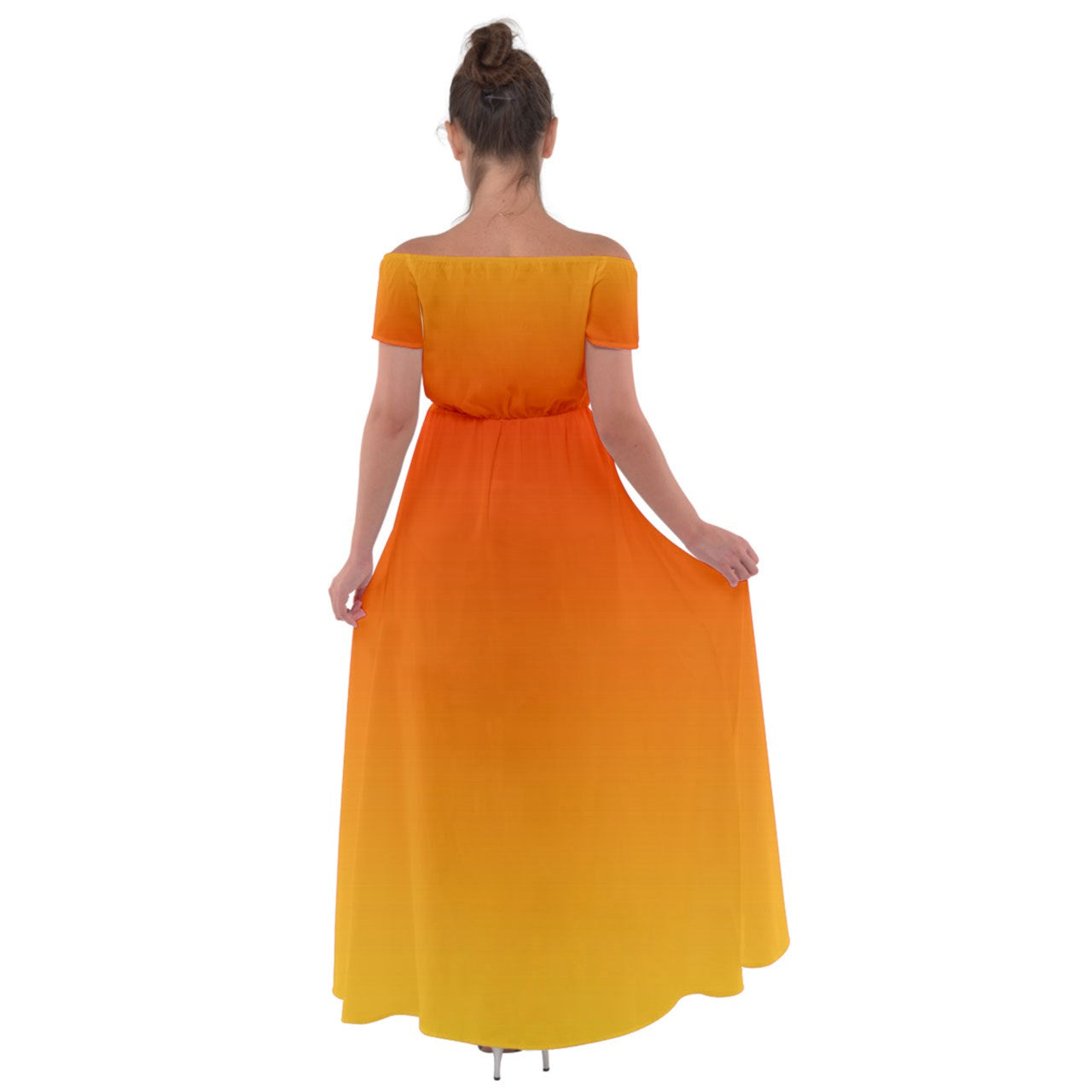 Off Shoulder Boho Maxi Chiffon Dress in Tangerine Sunset