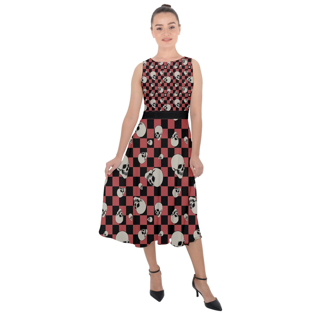Rockabilly Skull Midi Tie-Back Chiffon Dress