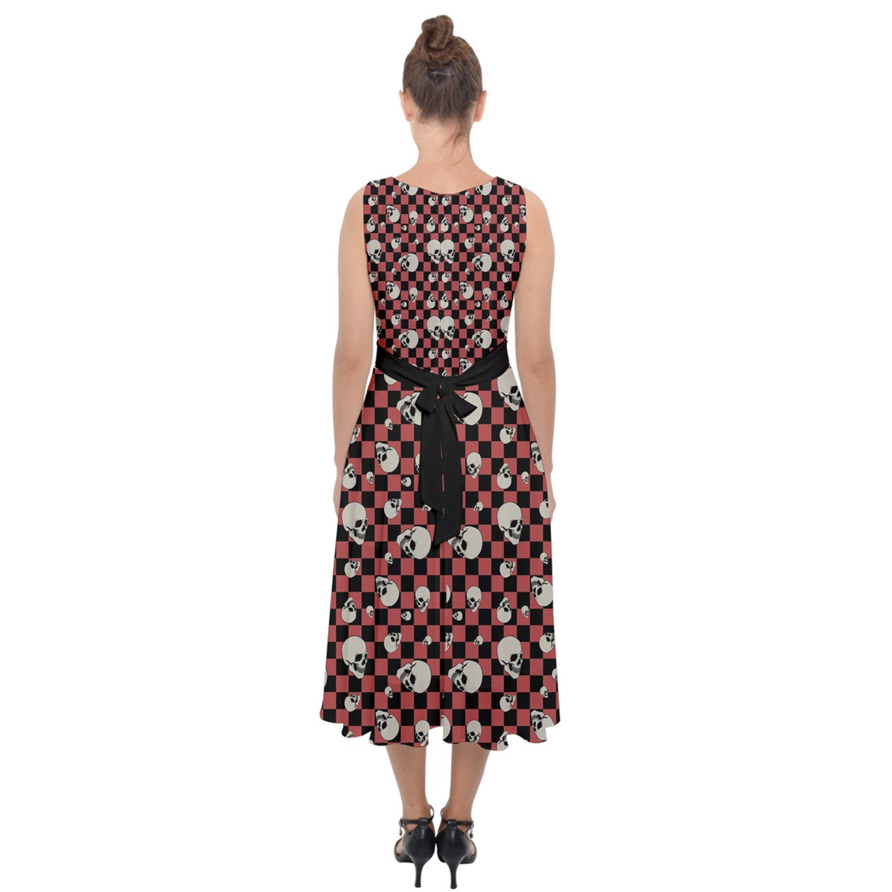 Rockabilly Skull Midi Tie-Back Chiffon Dress