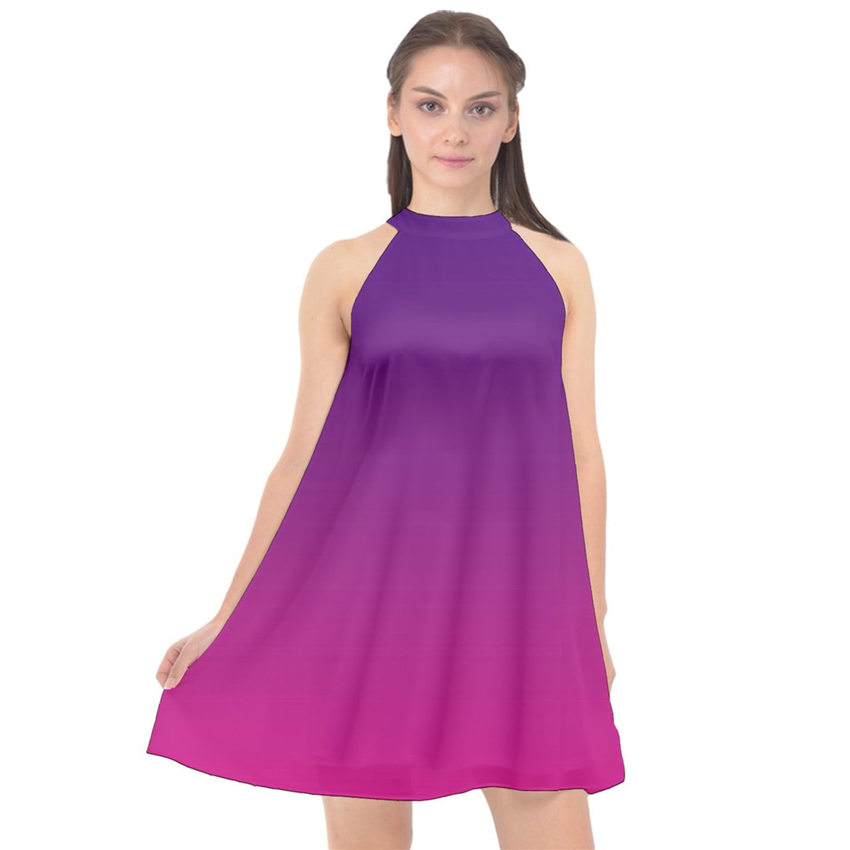 Pink Purple Fade Halter Neckline Chiffon Dress