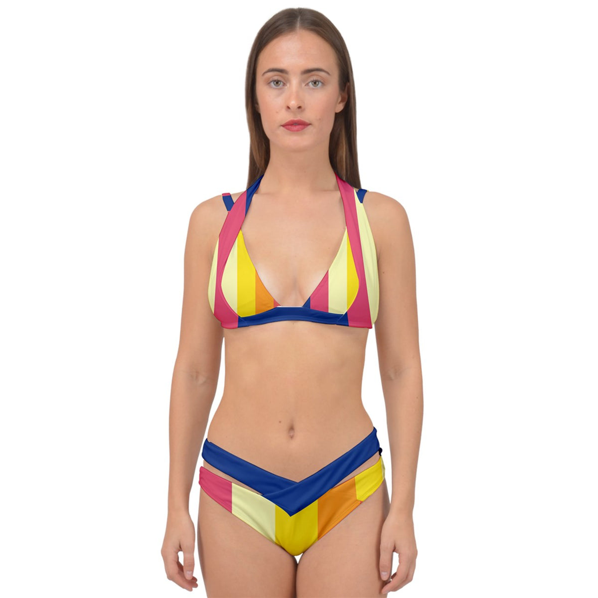 Retro Stripe Double Strap Halter Bikini Set