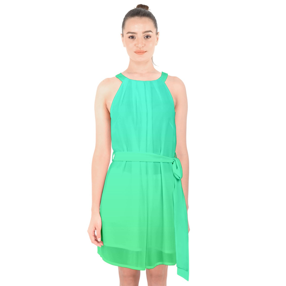 Seafoam Halter Collar Waist Tie Chiffon Dress