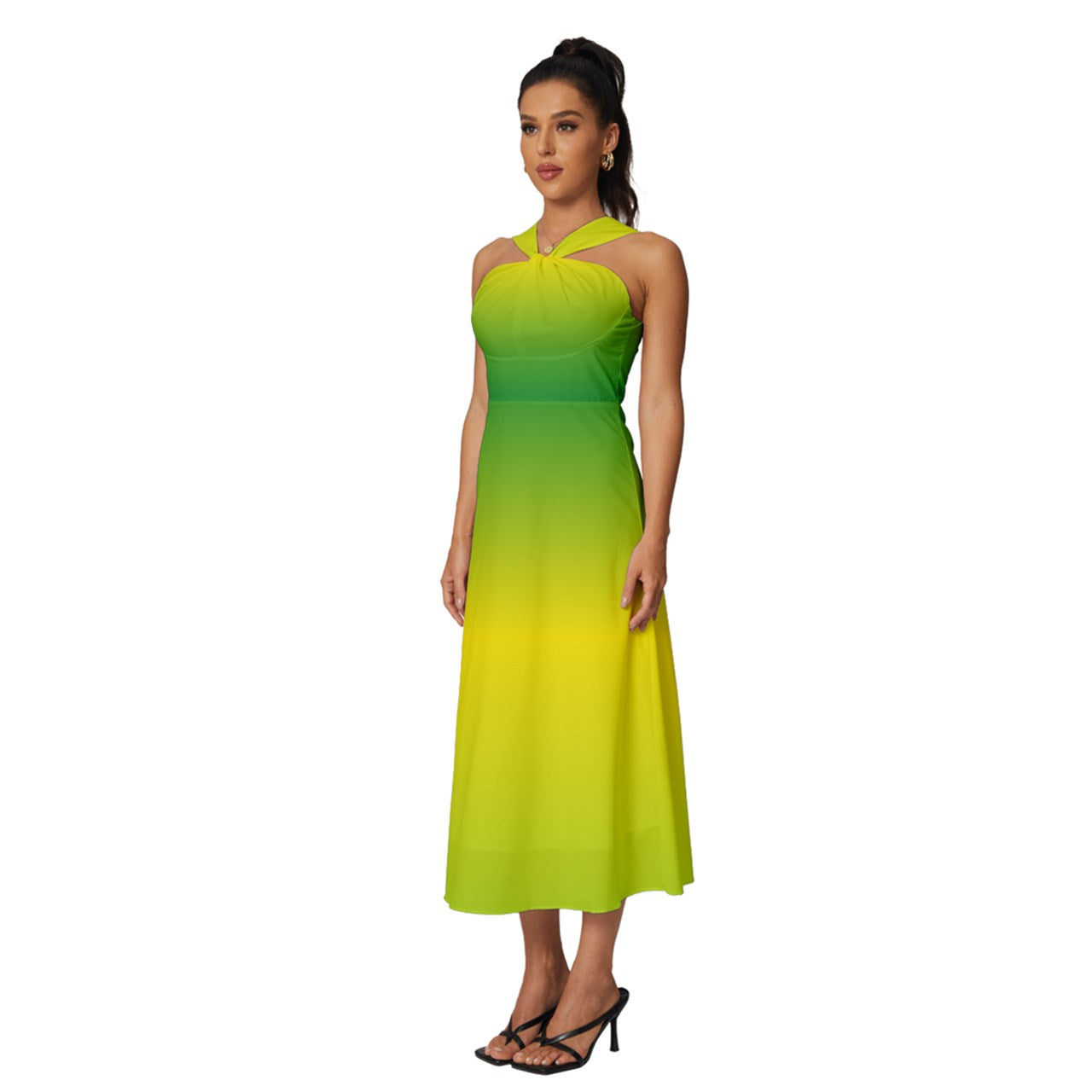 Sleeveless Cross Front Cocktail Midi Chiffon Dress Lemon Lime