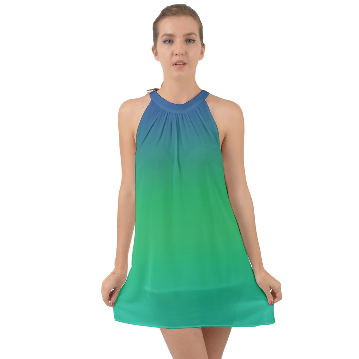 Green and Blue Halter Tie Back Chiffon Dress