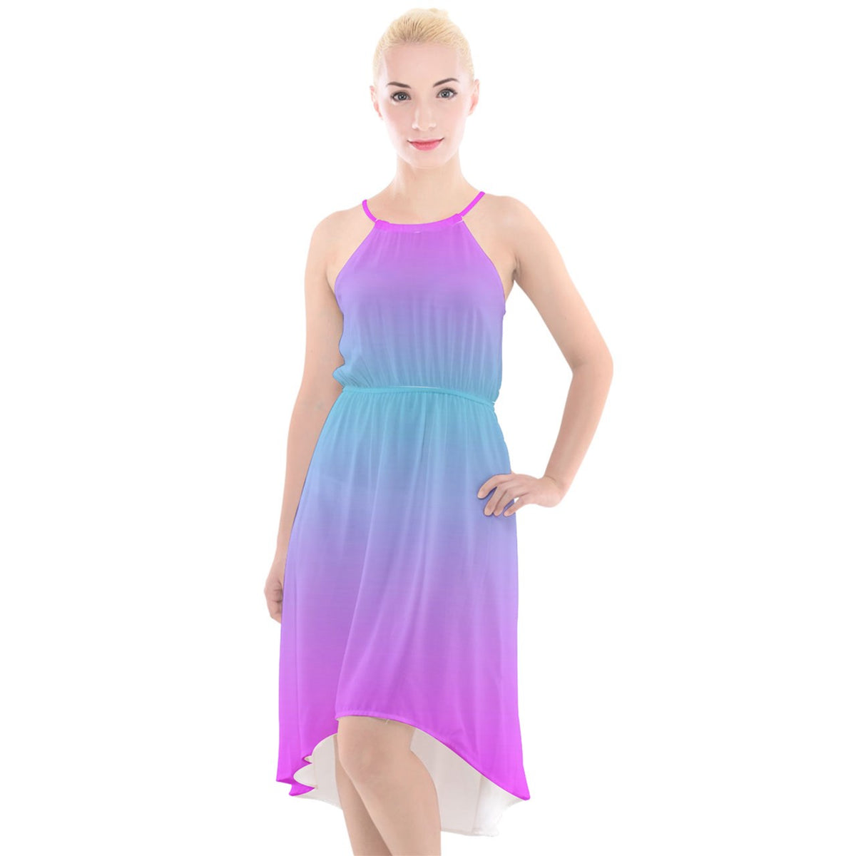 Pink Blue High-Low Halter Chiffon Dress