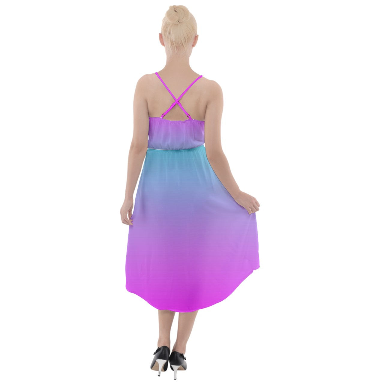 Pink Blue High-Low Halter Chiffon Dress