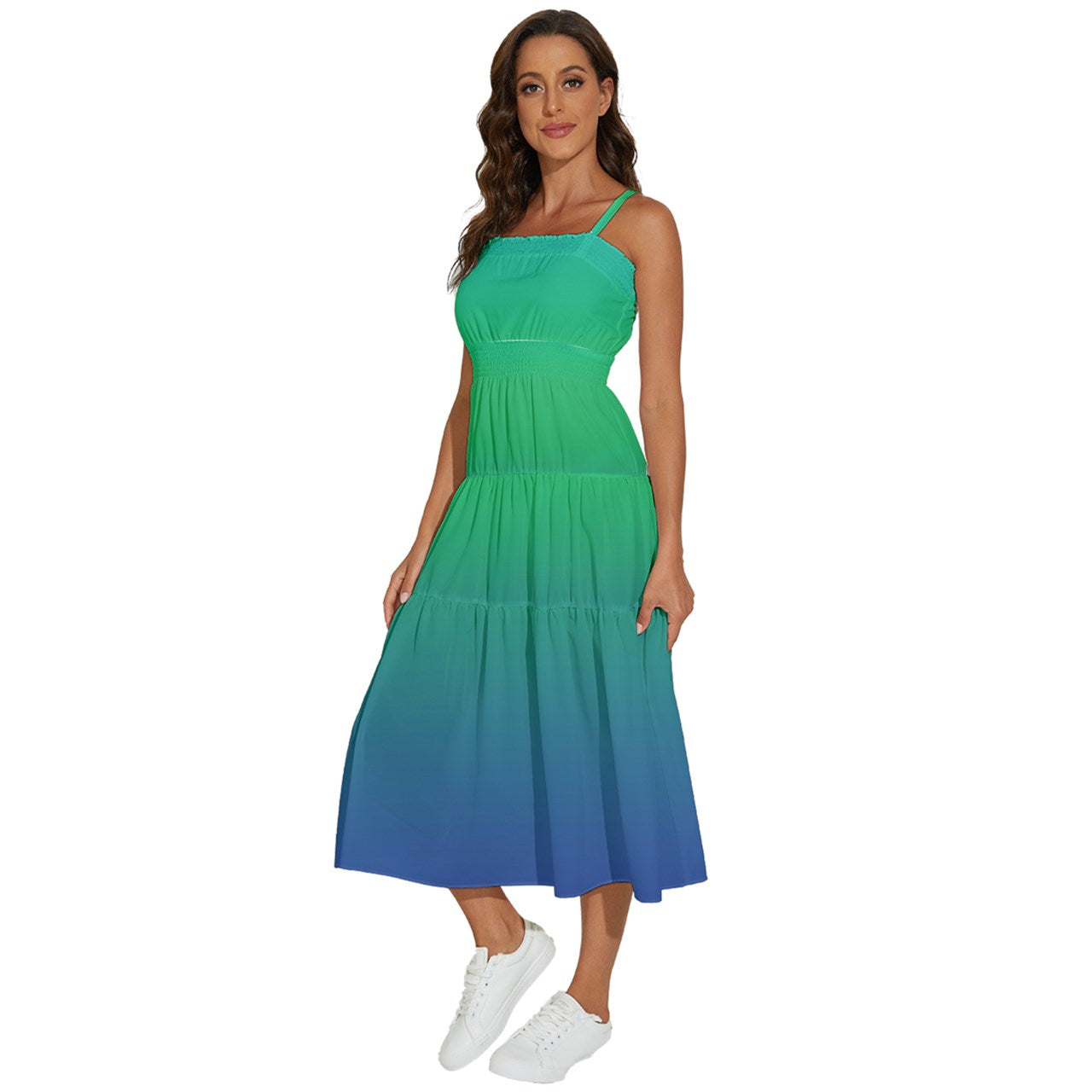 Green Blue Sleeveless Shoulder Straps Boho Dress