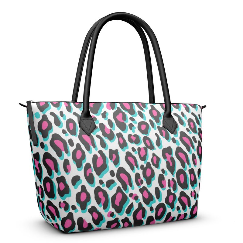 Zip Top, Top Handle, Leather Tote Handbag Snow Leopard Print