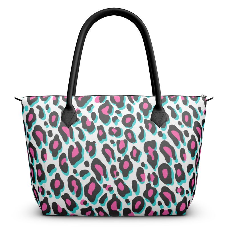 Zip Top, Top Handle, Leather Tote Handbag Snow Leopard Print