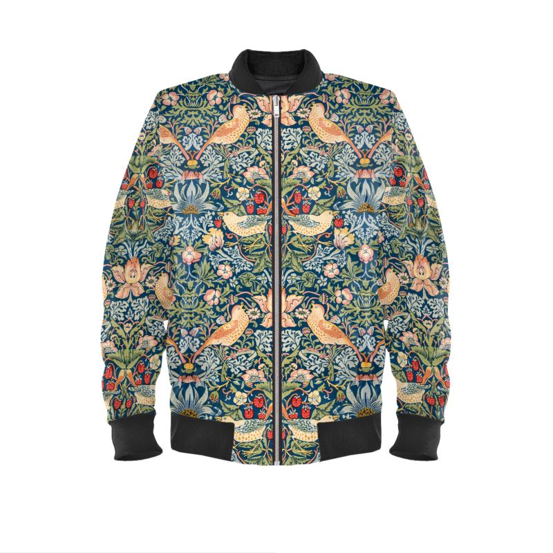 Bomberjacke „Die Erdbeerdiebe“ von William Morris aus marmoriertem Samt, Satin, Jersey oder wasserdichtem Außenmaterial