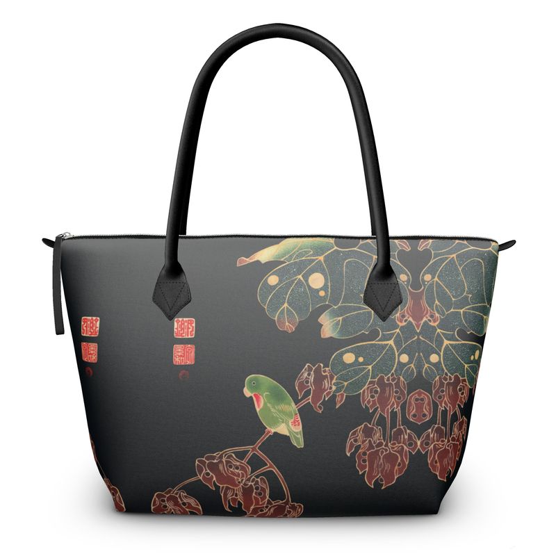 Zip Top Leather Or Satin Handbag feat Japanese Ukiyo-e Art