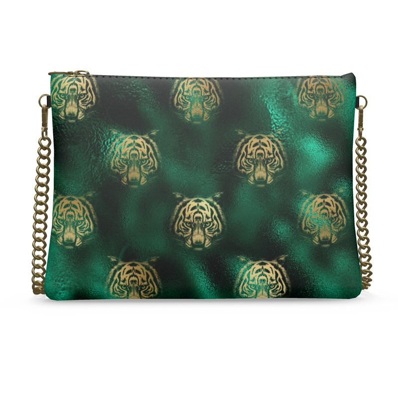 Sac à bandoulière en cuir nappa Emerald Tiger avec chaîne, sac à main de luxe Art Déco
