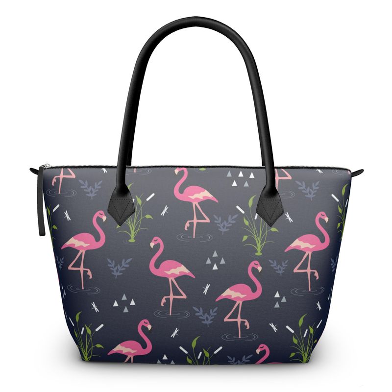 Zip Top leather or satin Handbag in retro flamingo tropical print
