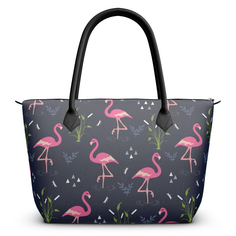 Zip Top leather or satin Handbag in retro flamingo tropical print