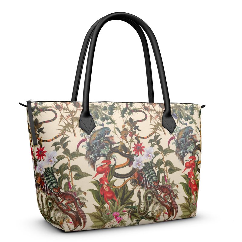Zip Top Handbag in Paradise Tropical Art Nouveau Print, Nappa Leather or Satin