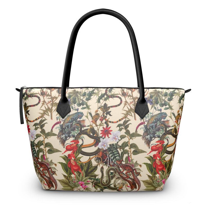 Zip Top Handbag in Paradise Tropical Art Nouveau Print, Nappa Leather or Satin