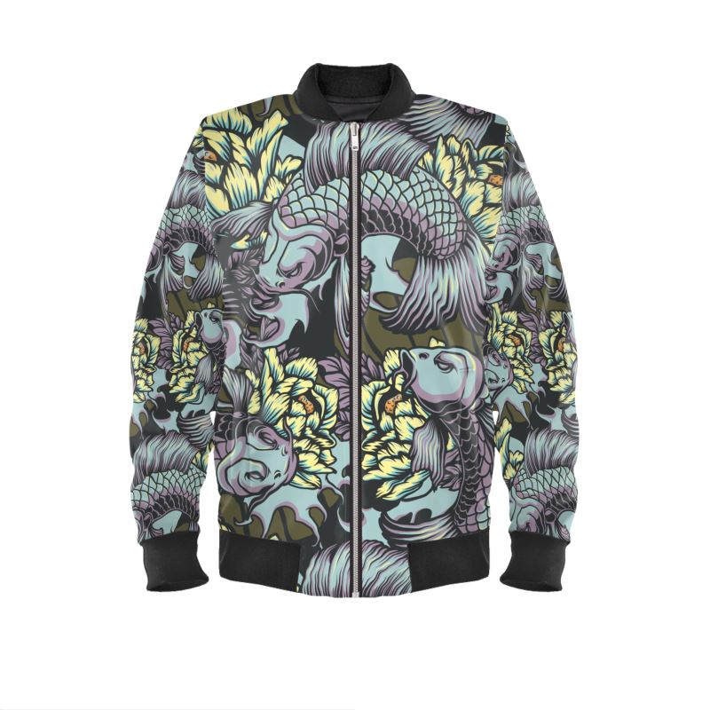 Retro-Bomberjacke mit japanischen Koi-Motiven, entweder aus Marmorsamt, Jersey, Satin oder mit wasserdichter Außenseite