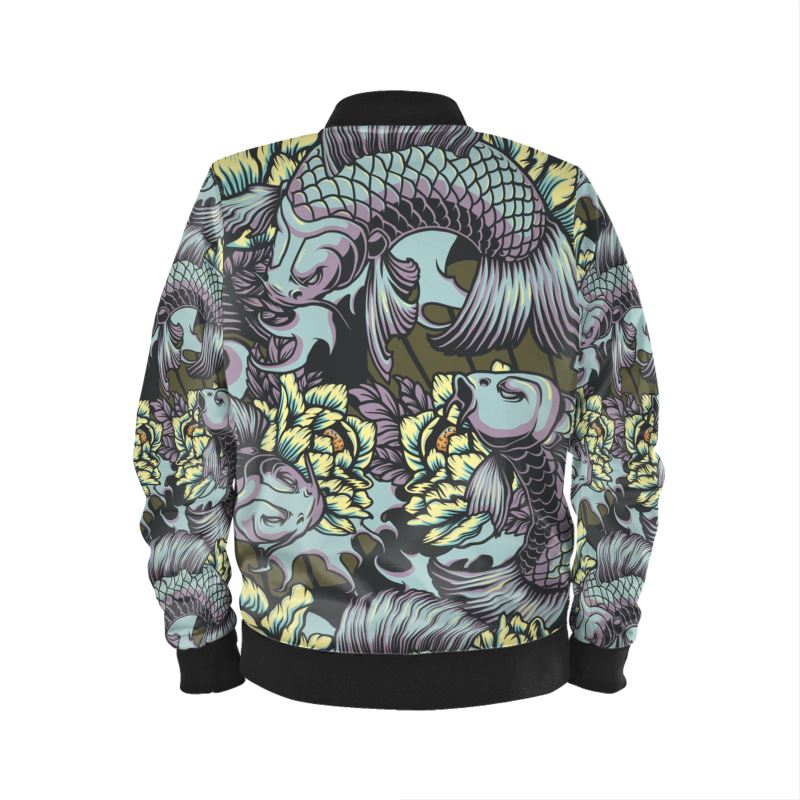 Retro-Bomberjacke mit japanischen Koi-Motiven, entweder aus Marmorsamt, Jersey, Satin oder mit wasserdichter Außenseite
