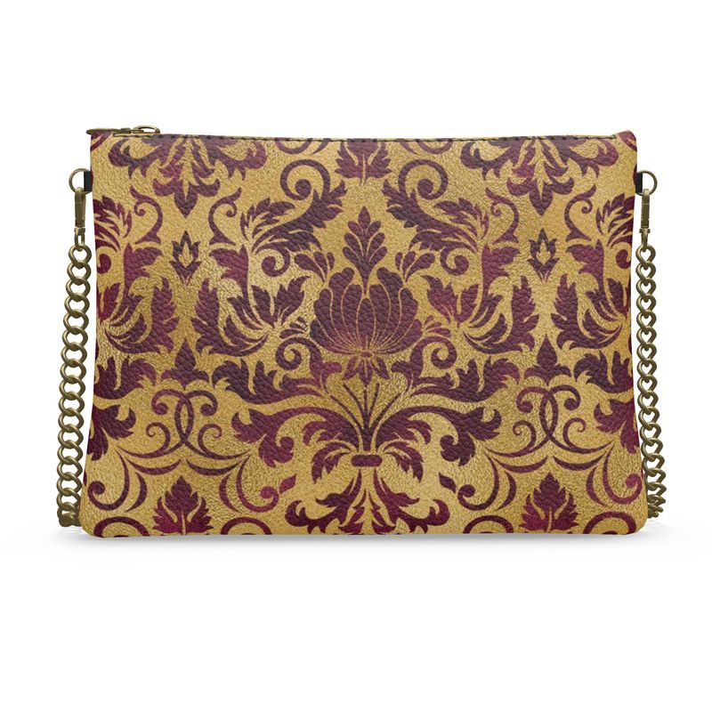 Gold and Maroon Damask Crossbody Bag in Nappa or Vegan Leather