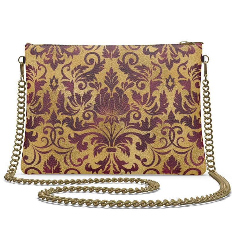 Gold and Maroon Damask Crossbody Bag in Nappa or Vegan Leather