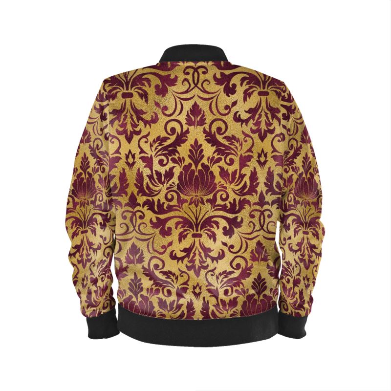 Blouson Bomber Art Nouveau Marron et Or, en Velours Marbré, Satin, Jersey ou Extérieur Imperméable