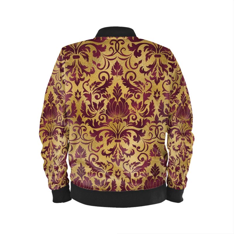 Art Nouveau Maroon and Gold Bomber Jacket, in either Marbled Velvet, Satin, Jersey or Waterproof Outer