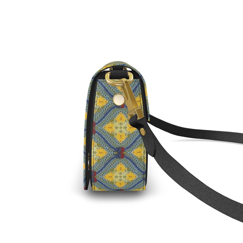 Lemon and Blue Art Deco Fold Over Bag in Nappa leather