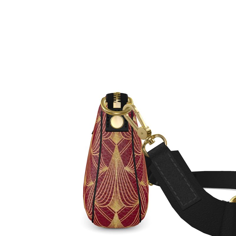 side panel of sling bag in art deco maroon and gold
