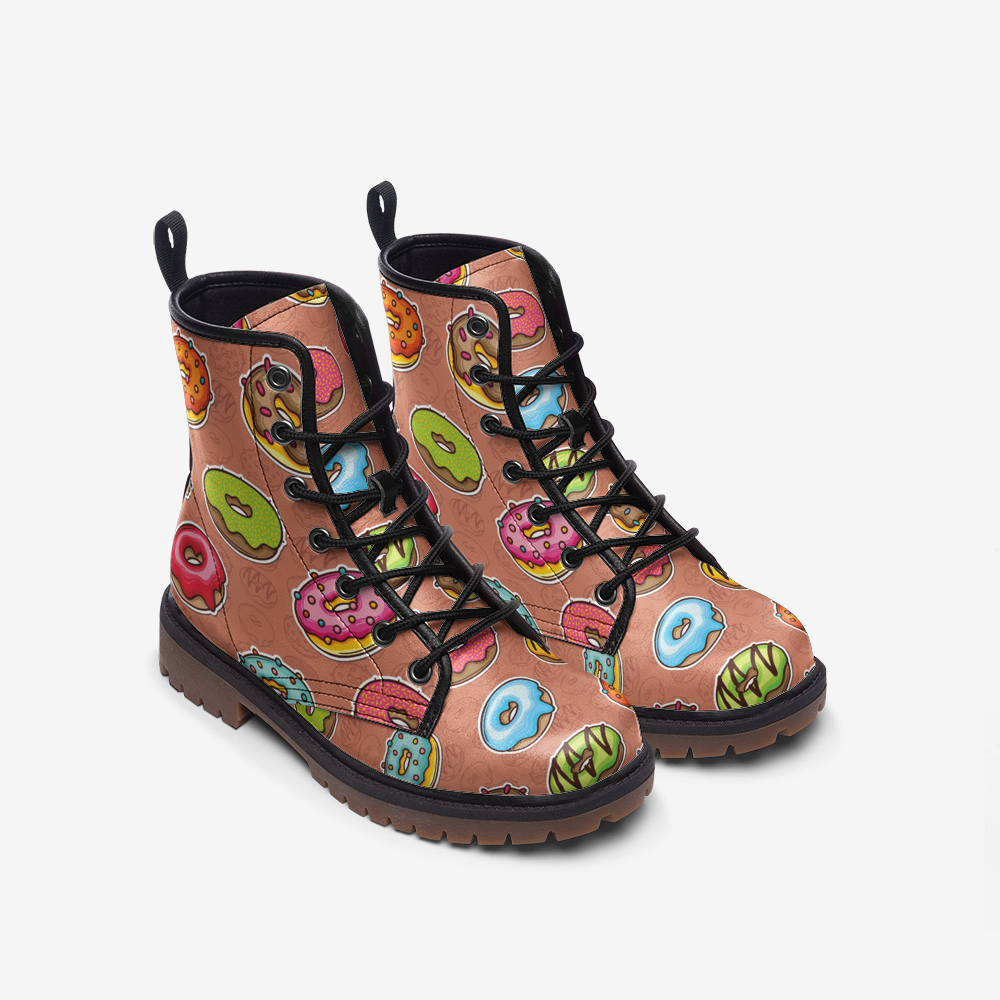 Vegan Leather Combat Boots, Ankle Boots, Lace-up Combat Boots, Donuts, Quirky Boots
