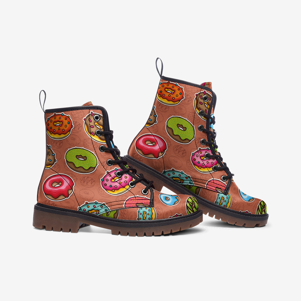 Vegan Leather Combat Boots, Ankle Boots, Lace-up Combat Boots, Donuts, Quirky Boots