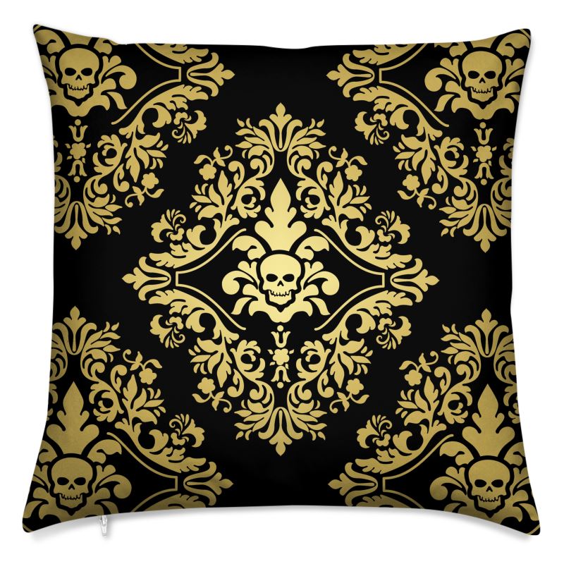 Cushion Cover - Skull Damask Gold and Black