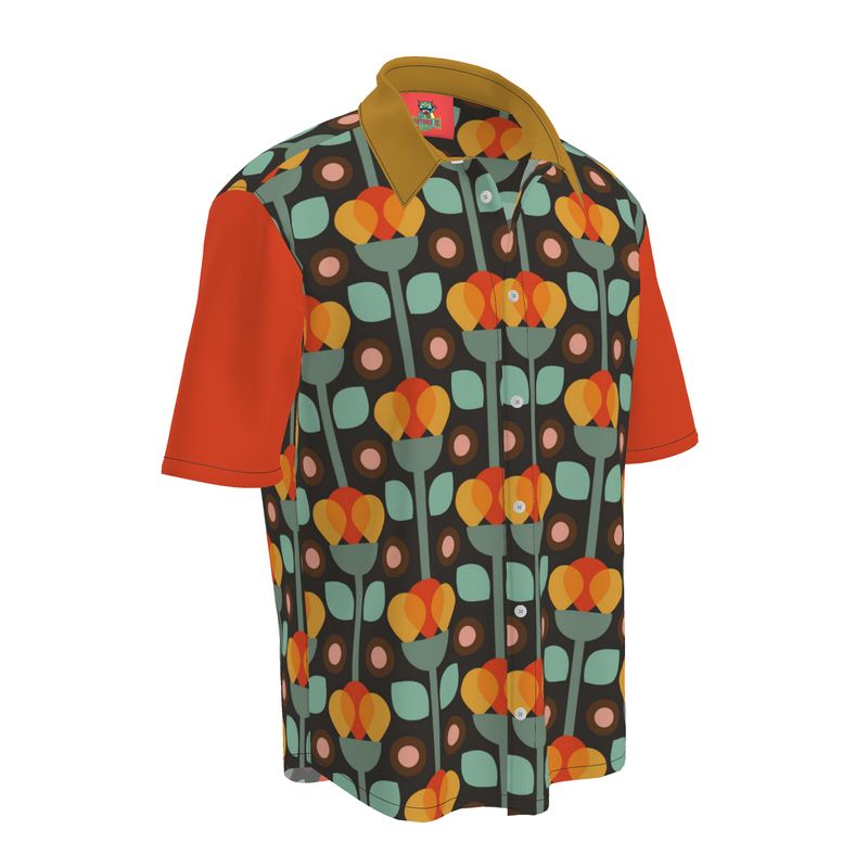 Organic Silk, Cotton, or Linen Short Sleeve Shirt with Mid-century Print
