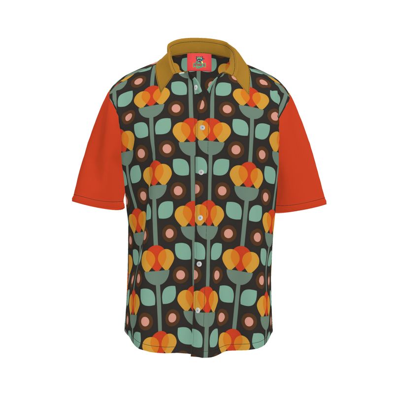 Organic Silk, Cotton, or Linen Short Sleeve Shirt with Mid-century Print