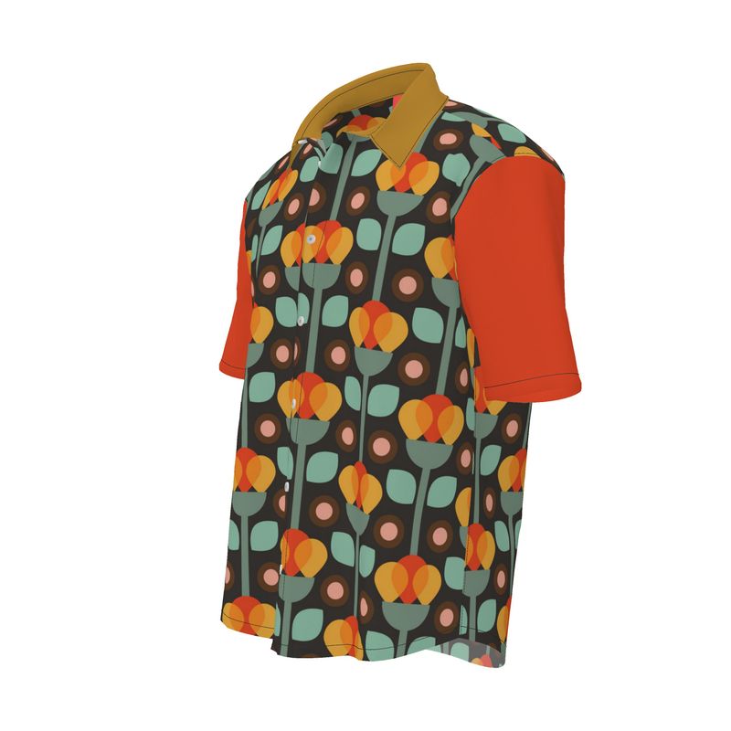 Organic Silk, Cotton, or Linen Short Sleeve Shirt with Mid-century Print