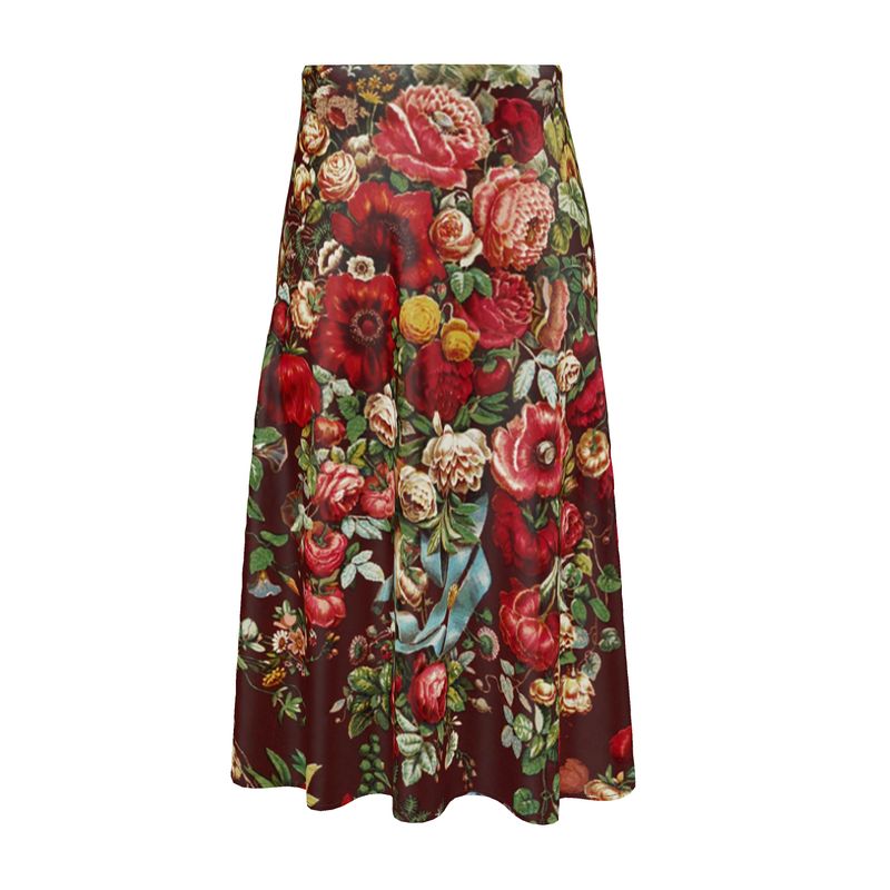 Silk Art Nouveau Midi Skirt- High Waisted A-Line Skirt in Plus Sizes