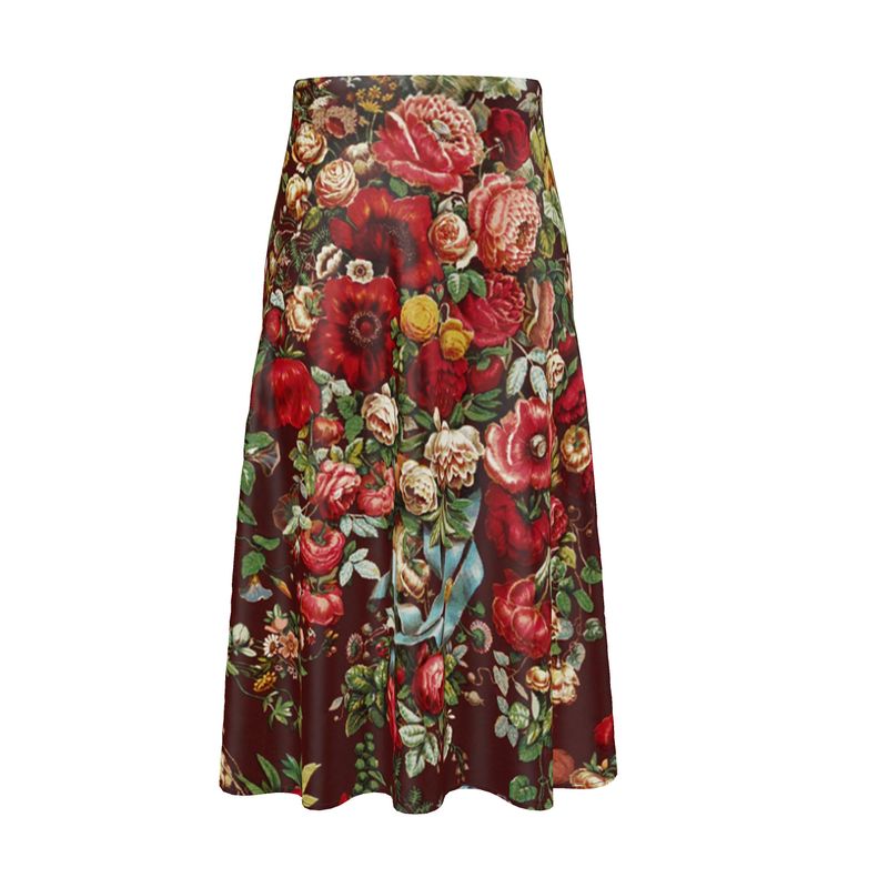 Silk Art Nouveau Midi Skirt- High Waisted A-Line Skirt in Plus Sizes