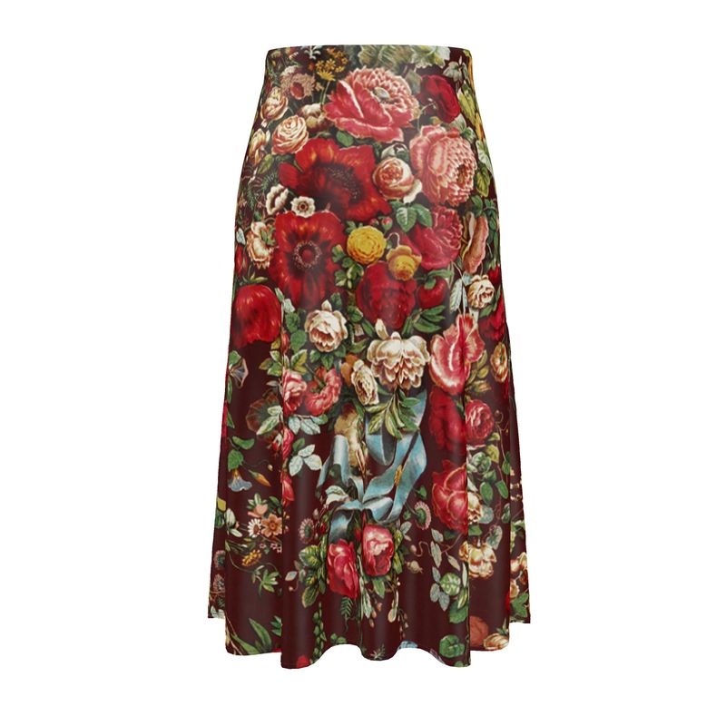 Silk Art Nouveau Midi Skirt- High Waisted A-Line Skirt in Plus Sizes