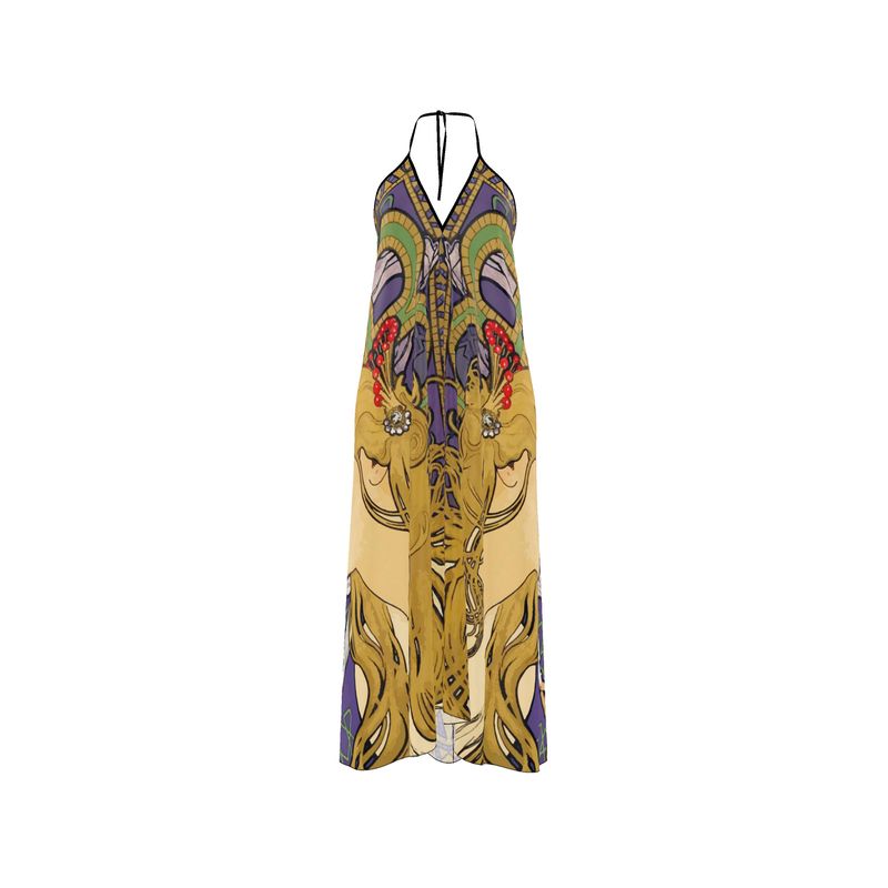Silk Art Nouveau Maxi Dress, Halterneck Alphonse Mucha